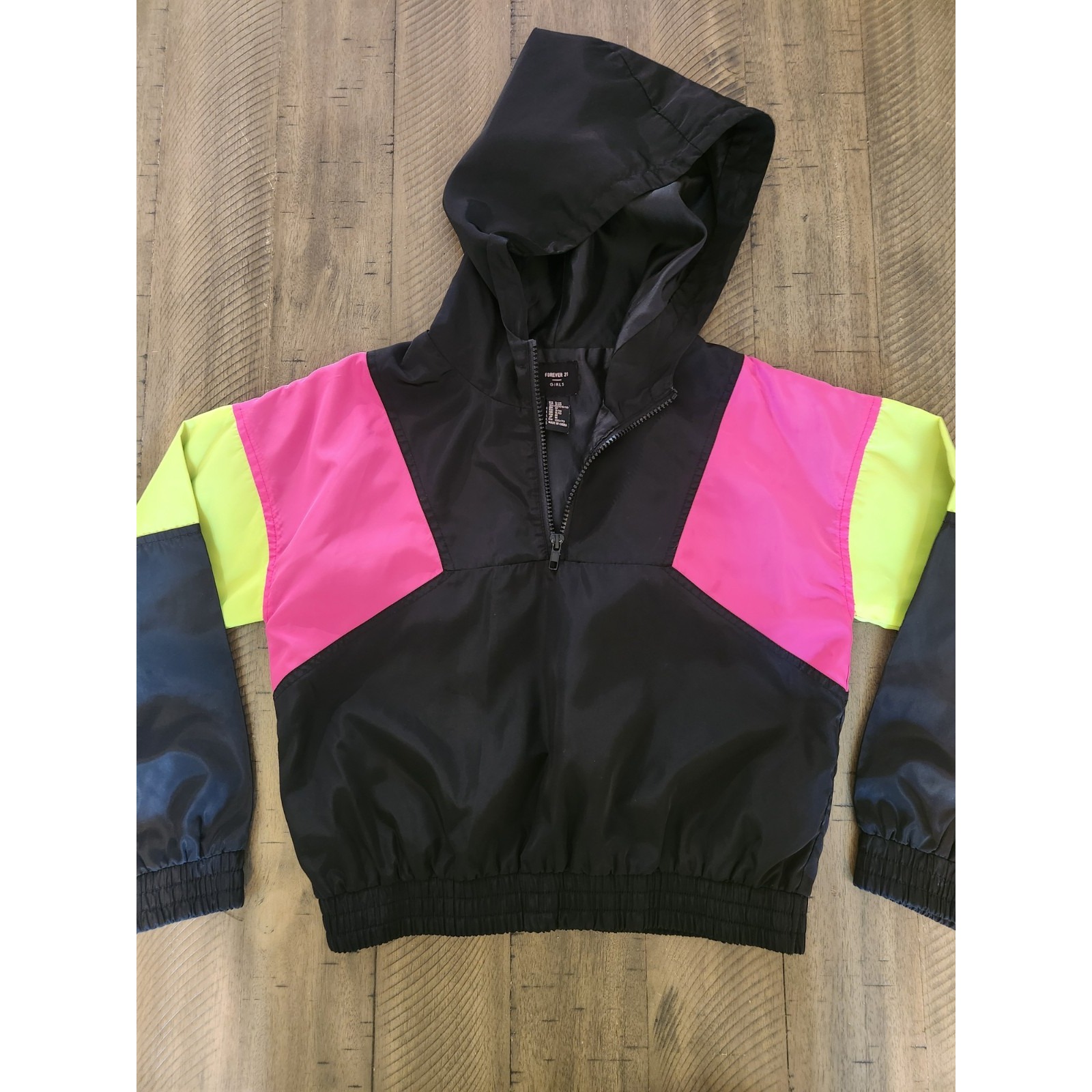 Forever 21 Girls Black & Neon Pink & Green Colorblock Windbreaker Jacket 9/10